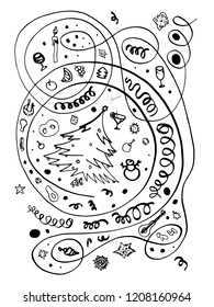 Black and white Christmas objects for drawing, the finished composition can be used in isolation. Fir tree, toys, drinks, food,  sparklers festive attributes of the new year and Christmas