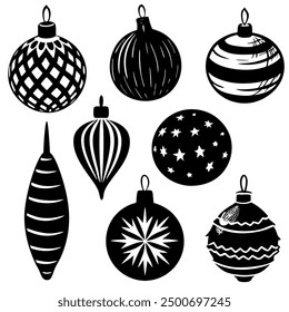 Black and white Christmas ornaments on a white background