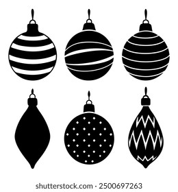 Black and white Christmas ornaments on a white background