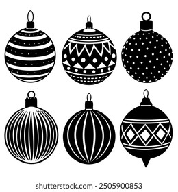 Black and white Christmas ornaments on a white background