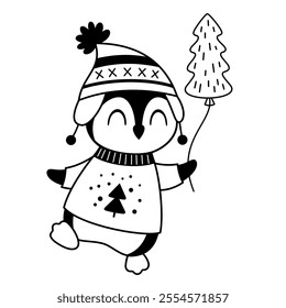 Black and white Christmas penguin clipart. Christmas animal doodle. Cute festive character. Hand draw vector illustration in flat style