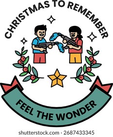 A black and white Christmas poster with two children holding a tree. The poster says "Christmas to Remember" and "Feel the Wonder"