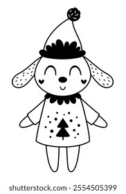 Black and white Christmas rabbit clipart. Christmas animal doodle. Cute festive character. Hand draw vector illustration in flat style