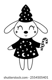 Black and white Christmas rabbit clipart. Christmas animal doodle. Cute festive character. Hand draw vector illustration in flat style