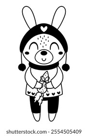Black and white Christmas rabbit clipart. Christmas animal doodle. Cute festive character. Hand draw vector illustration in flat style