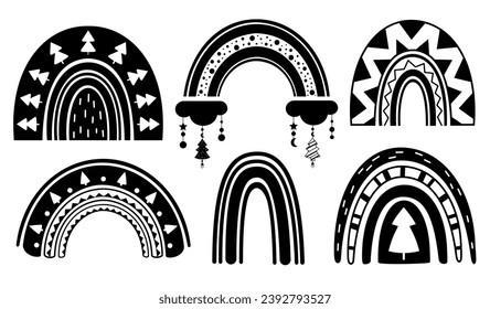 Black and white Christmas rainbows clipart in flat style. Merry Christmas clipart. Vector illustration	
