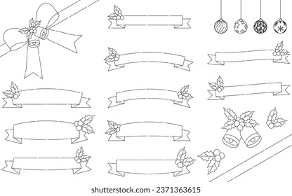 Black and white Christmas ribbon with simple and cute holly ornaments, Vector Illustration