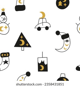 Black and white Christmas seamless pattern with boho fir trees, cars, crescents. Celestial New year background.