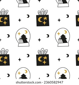 Black and white Christmas seamless pattern with boho glass globes, fir trees, crystals and presents. Celestial New year background.