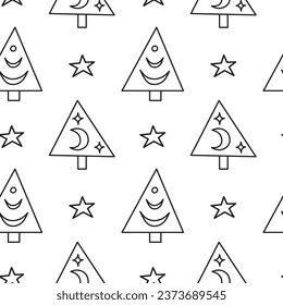 Black and white Christmas seamless pattern with boho fir trees, moon phases, stars. Celestial New year background.