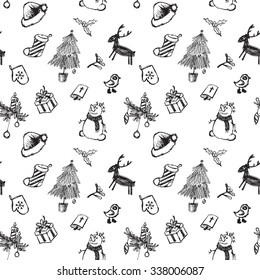 Black and white Christmas seamless pattern. Doodle background for wrapping, celebration cards with doodle snowman, deer, bible, christmas tree, garlands, decoration balls, mitten, stocking, gifts