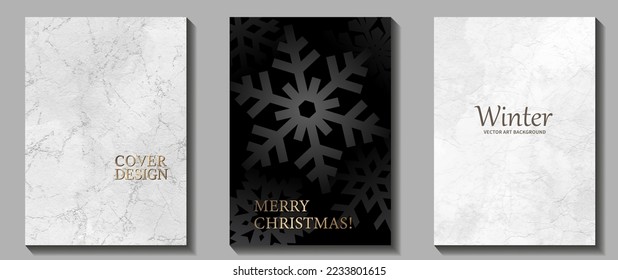 Schwarz-weißer Weihnachtshintergrund mit Schneeflocken oder Cover-Design, Karten, Flyer, Poster, Banner. Weihnachtsgrafik. Frohe Weihnachten! Frohes neues Jahr! Winterurlaub-Vorlage.
