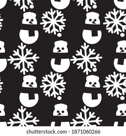 Black and white Christmas Snowman seamless pattern background for website graphics, fashion textile