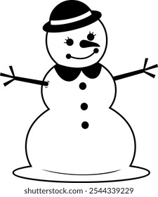 Black And White Christmas Snowman. Vector Hand Drawn Illustration Isolated On Transparent Background
