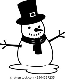 Black And White Christmas Snowman. Vector Hand Drawn Illustration Isolated On Transparent Background