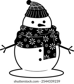 Black And White Christmas Snowman. Vector Hand Drawn Illustration Isolated On Transparent Background
