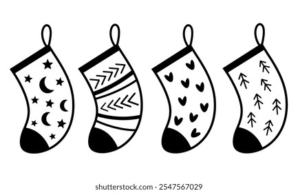 Black and white Christmas socks clipart. Christmas clipart. Cute festive object. Hand drawn vector illustration in flat style