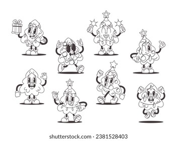 Black and White Christmas Tree Characters. Hip Evergreen Sensation, Grooving With Ornaments And Tinsel