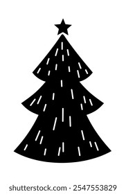 Black and white Christmas tree clipart. Merry Christmas doodle. Christmas festive object. Hand draw vector illustration in flat style