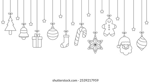 Black and white Christmas tree hanging ball decoration element illustration, such as Santa Claus, gingerbread man, Christmas tree, gift box, candy cane, star, bell, socks, etc.