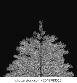 A black and white Christmas tree illustration stands out against a dark background, featuring simple yet elegant line art. The minimalist design highlights festive details like branches and ornaments.