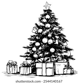 A black and white Christmas tree with many ornaments and a star on top. The tree is surrounded by several boxes, which could be presents. Concept of warmth and joy associated with the holiday season