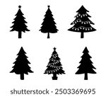 Black and White Christmas Tree Silhouette Vector Set with Festive Lights