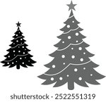 Black and White Christmas Tree Silhouette Vector Set with Festive Lights. Silhouette Christmas tree vector art.