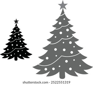 Black and White Christmas Tree Silhouette Vector Set with Festive Lights. Silhouette Christmas tree vector art.