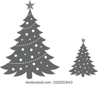 Black and White Christmas Tree Silhouette Vector Set with Festive Lights. pine tree line art illustration