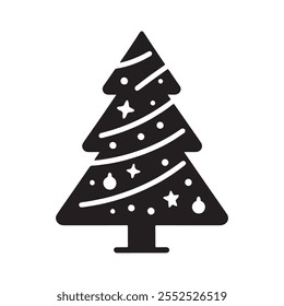 Black and white Christmas tree silhouette vector icon with festive lights. Silhouette Christmas tree vector illustration.