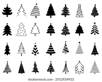 Black and White Christmas Tree Silhouette Vector Set with Festive Lights	