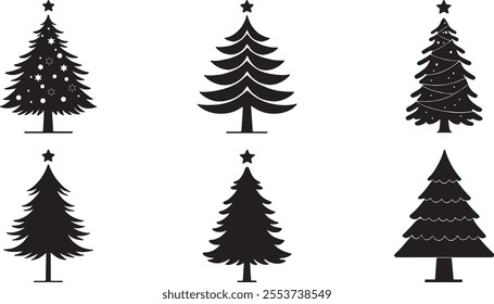 Black and white Christmas tree silhouette vector set. Christmas tree clipart and icons. Tree vector illustration on a white background.