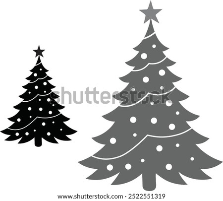 Black and White Christmas Tree Silhouette Vector Set with Festive Lights. Silhouette Christmas tree vector art.