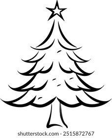 A black and white Christmas tree with a star on top. The tree is drawn in a simple style, with the branches and trunk outlined in black and the star in white. Scene is one of simplicity and elegance