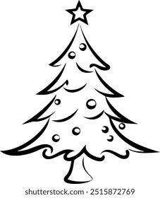 A black and white Christmas tree with a star on top. The tree is drawn in a simple style, with no details or shading. Scene is one of simplicity and elegance