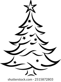 A black and white Christmas tree with a star on top. The tree is drawn in a stylized way, with the branches and leaves drawn in a simple, elegant manner. Scene is one of warmth and holiday cheer