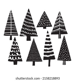 Black and white Christmas trees in linocut style isolated