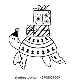 Black and White Christmas Turtle Doodle. Cute Xmas Ocean Animal, Festive Sea Character. Holiday Illustration.
