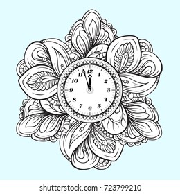 Black and white Christmas vector clock. Holiday coloring page.
