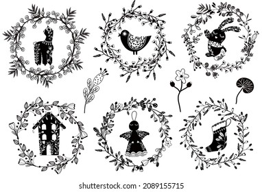 Black and white Christmas wreath of flowers and leaves. Botanical wildflowers wreath with lamas, bird, rabbit, Angel, Houses. Cozy Christmas card in Scandinavian style. Winter decoration. Vector icon.