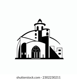 Black and white church logo. Vector illustration, print for background, print on fabric, paper, wallpaper, packaging.	