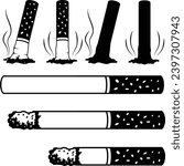 Black and white cigarettes,cigarette butt and no smoking sign vector illustration