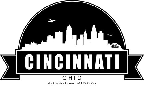 Black and white Cincinnati Ohio buildings skyline negative air space silhouette dome shaped emblem with scroll banner below and name text inside. Vector eps graphic design.