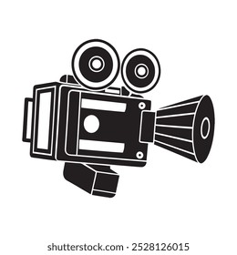 Black and White Cinema Camera Silhouette Icon - Vintage Movie Camera Vector for Film Projects.