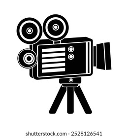 Black and White Cinema Camera Silhouette Icon - Vintage Movie Camera Vector for Film Projects.
