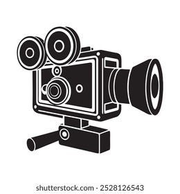 Black and White Cinema Camera Silhouette Icon - Vintage Movie Camera Vector for Film Projects.
