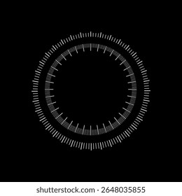O design de círculo preto e branco apresenta carrapatos radiais detalhados e indicadores numéricos para medição precisa.