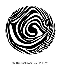 Black and white circle with distorted wavy stripes. Vector trippy abstract geometric shape.