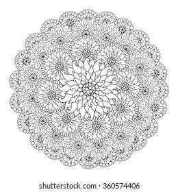 Black and white circle floral ornament. Round lace flower mandala. Coloring book page for adults, joy to order children and adult colorist. Zentangle pattern for relax and meditation.